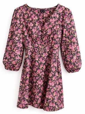 Vero Moda Pink Floral V-Neck Puff Sleeve Mini Dress